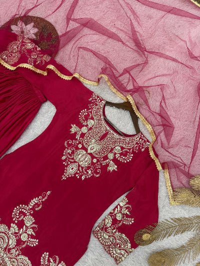 Magenta Pink Chinon Silk Embroidery & Sequin Work Sharara Palazzo Set - BONYHUBSALWAR KAMEEZ