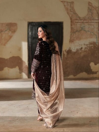 Deep Maroon Velvet Embroidery Straight Suit with Tissue Silk Dupatta - BONYHUBSALWAR KAMEEZ
