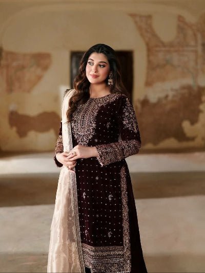 Deep Maroon Velvet Embroidery Straight Suit with Tissue Silk Dupatta - BONYHUBSALWAR KAMEEZ