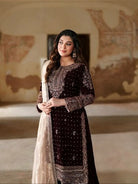 Deep Maroon Velvet Embroidery Straight Suit with Tissue Silk Dupatta - BONYHUBSALWAR KAMEEZ