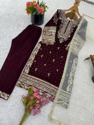 Deep Maroon Velvet Embroidery Straight Suit with Tissue Silk Dupatta - BONYHUBSALWAR KAMEEZ