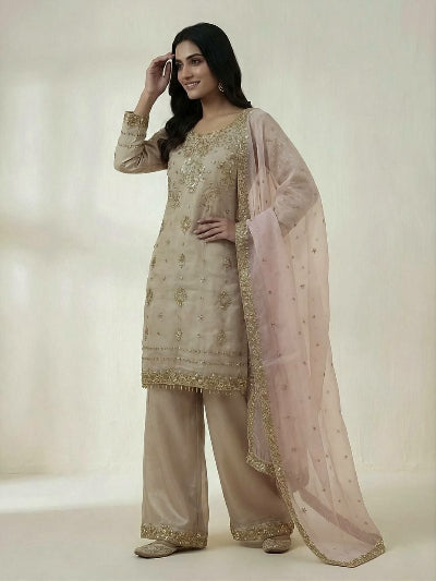 Dusty Gold Rich Sequins Embroidered Straight Suit