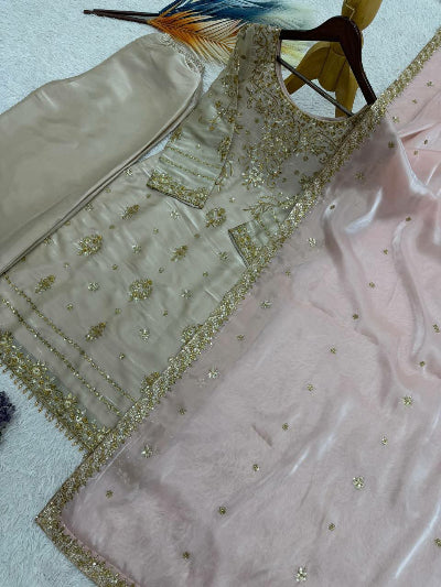 Dusty Gold Rich Sequins Embroidered Straight Suit