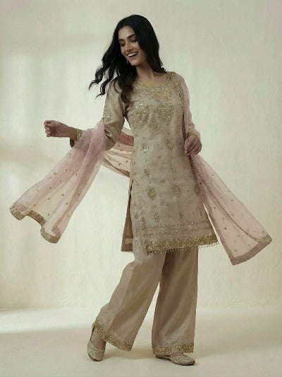Dusty Gold Rich Sequins Embroidered Straight Suit