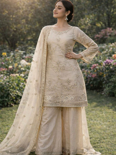 Light Ivory Kundan Organza Embroidery Palazzo Suit