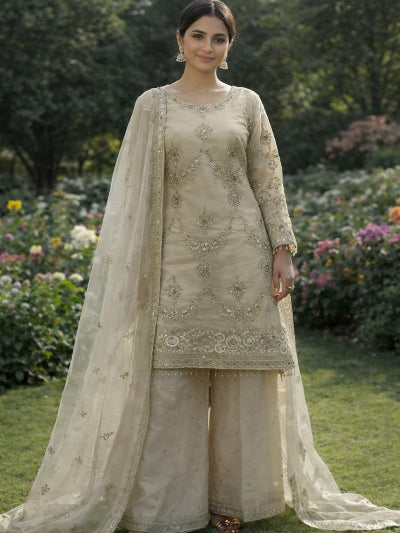 Light Ivory Kundan Organza Embroidery Palazzo Suit