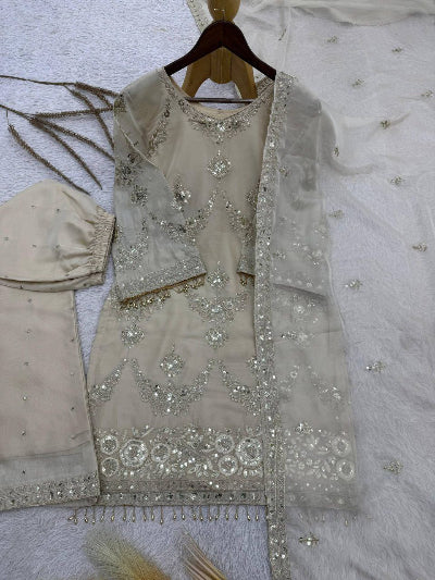 Light Ivory Kundan Organza Embroidery Palazzo Suit