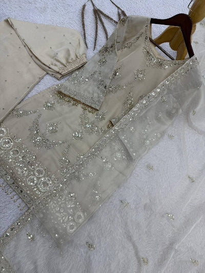 Light Ivory Kundan Organza Embroidery Palazzo Suit