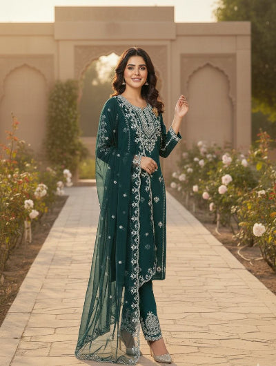 Teal Green Embroidery Sequence Straight Suit