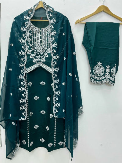 Teal Green Embroidery Sequence Straight Suit