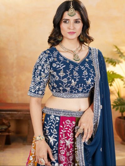 Teal Blue Multicoloured Embroidery Work Lehenga Choli Set - BONYHUBSALWAR KAMEEZ