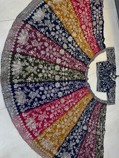 Teal Blue Multicoloured Embroidery Work Lehenga Choli Set - BONYHUBSALWAR KAMEEZ