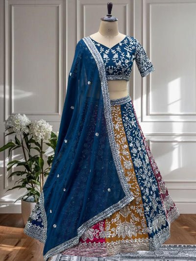 Teal Blue Multicoloured Embroidery Work Lehenga Choli Set - BONYHUBSALWAR KAMEEZ
