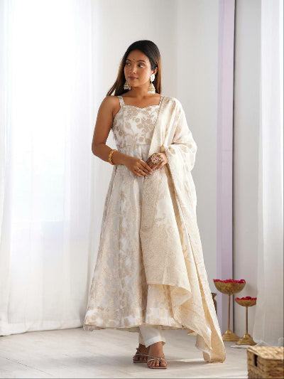 Soft Cream Gold Banarasi Jacquard Anarkali Suit