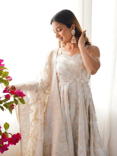 Soft Cream Gold Banarasi Jacquard Anarkali Suit