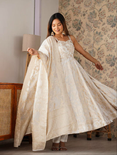 Soft Cream Gold Banarasi Jacquard Anarkali Suit