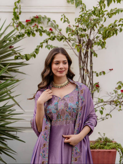Lilac Designer Embroidery Anarkali Gown Dupatta Set Of 2