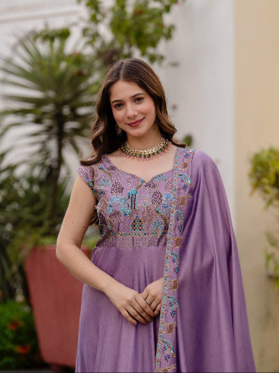 Lilac Designer Embroidery Anarkali Gown Dupatta Set Of 2