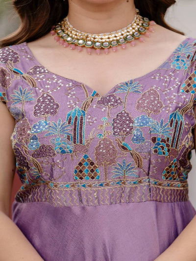 Lilac Designer Embroidery Anarkali Gown Dupatta Set Of 2
