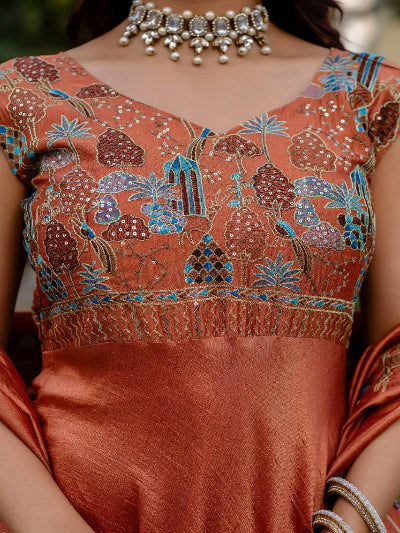 Rust Orange Embroidery Anarkali Gown Dupatta Set Of 2