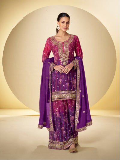 Kanika Purple & Pink Chinon Silk Embroidery Palazzo Suit Set - BONYHUBSALWAR KAMEEZ