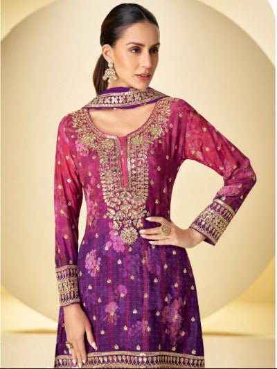 Kanika Purple & Pink Chinon Silk Embroidery Palazzo Suit Set - BONYHUBSALWAR KAMEEZ
