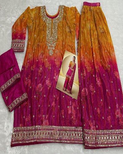 Kanika Pink & Yellow Chinon Silk Embroidery Palazzo Suit Set - BONYHUBSALWAR KAMEEZ