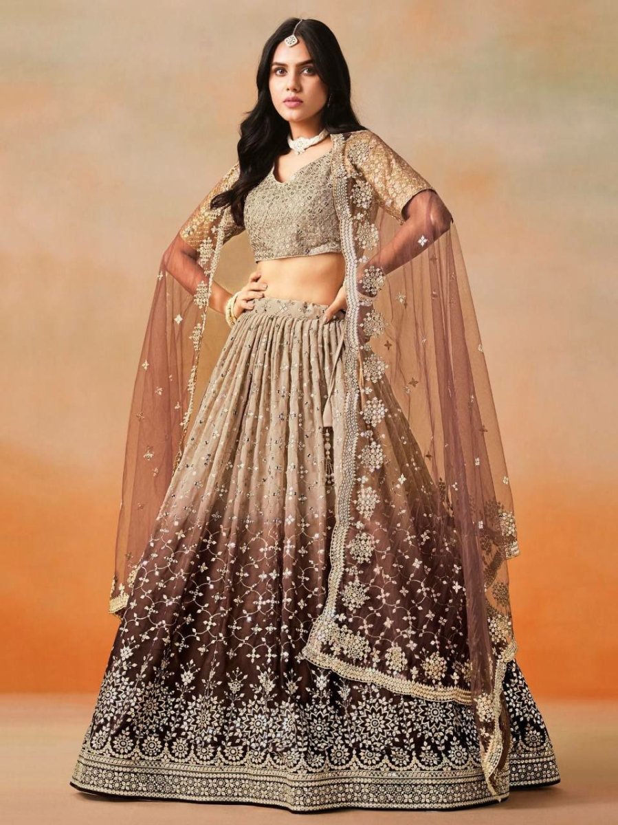 Gold Brown Ombre Georgette Embroidery Lehenga Choli Set - BONYHUBSALWAR KAMEEZ