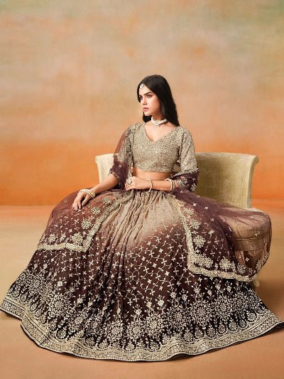 Gold Brown Ombre Georgette Embroidery Lehenga Choli Set - BONYHUBSALWAR KAMEEZ