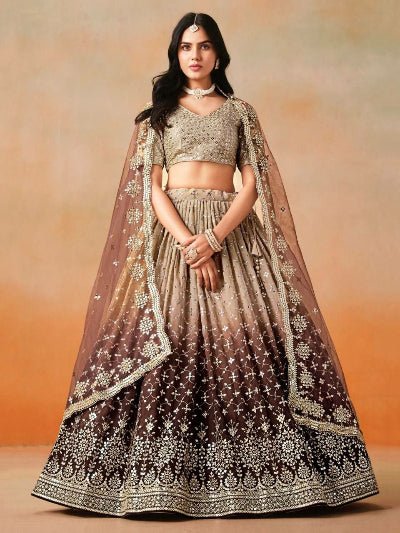 Gold Brown Ombre Georgette Embroidery Lehenga Choli Set - BONYHUBSALWAR KAMEEZ