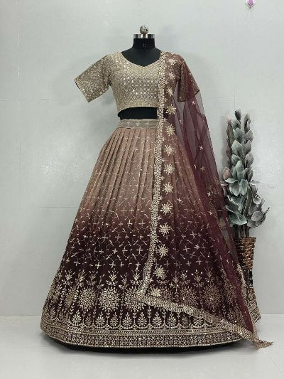 Gold Brown Ombre Georgette Embroidery Lehenga Choli Set - BONYHUBSALWAR KAMEEZ