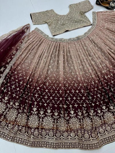 Gold Brown Ombre Georgette Embroidery Lehenga Choli Set - BONYHUBSALWAR KAMEEZ