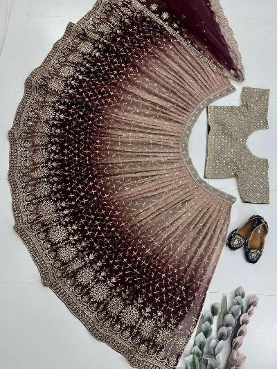 Gold Brown Ombre Georgette Embroidery Lehenga Choli Set - BONYHUBSALWAR KAMEEZ