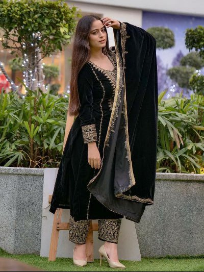 Black Velvet Embroidery Work Straight Suit Set - BONYHUBSALWAR KAMEEZ