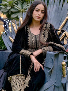 Black Velvet Embroidery Work Straight Suit Set - BONYHUBSALWAR KAMEEZ