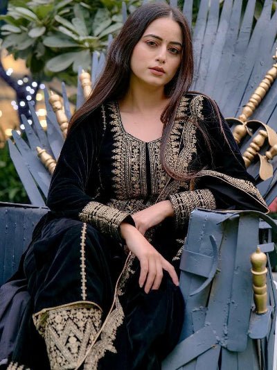 Black Velvet Embroidery Work Straight Suit Set - BONYHUBSALWAR KAMEEZ