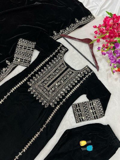 Black Velvet Embroidery Work Straight Suit Set - BONYHUBSALWAR KAMEEZ
