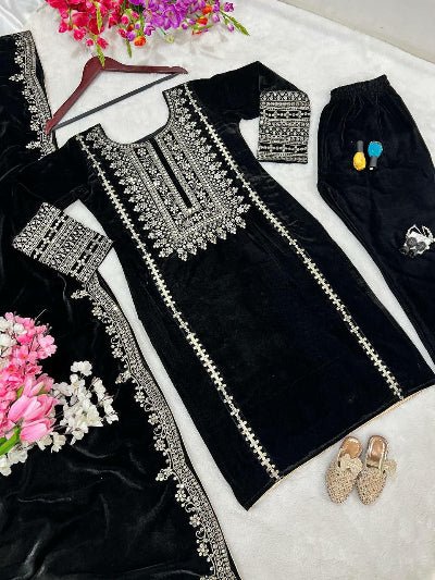 Black Velvet Embroidery Work Straight Suit Set - BONYHUBSALWAR KAMEEZ