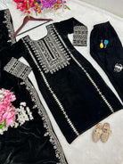 Black Velvet Embroidery Work Straight Suit Set - BONYHUBSALWAR KAMEEZ