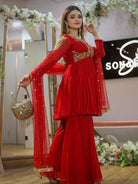 Red Georgette Intricate Sequin Embroidery Sharara Palazzo Set - BONYHUBSALWAR KAMEEZ