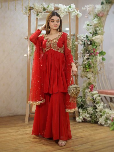 Red Georgette Intricate Sequin Embroidery Sharara Palazzo Set - BONYHUBSALWAR KAMEEZ