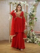 Red Georgette Intricate Sequin Embroidery Sharara Palazzo Set - BONYHUBSALWAR KAMEEZ