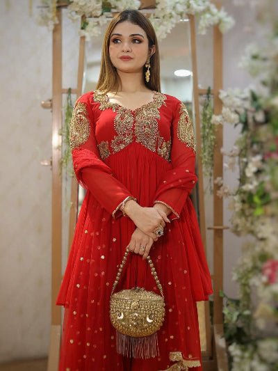 Red Georgette Intricate Sequin Embroidery Sharara Palazzo Set - BONYHUBSALWAR KAMEEZ