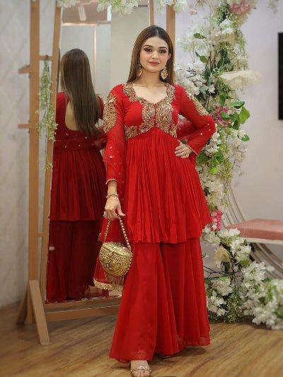 Red Georgette Intricate Sequin Embroidery Sharara Palazzo Set - BONYHUBSALWAR KAMEEZ