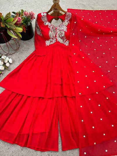 Red Georgette Intricate Sequin Embroidery Sharara Palazzo Set - BONYHUBSALWAR KAMEEZ