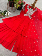 Red Georgette Intricate Sequin Embroidery Sharara Palazzo Set - BONYHUBSALWAR KAMEEZ