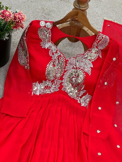 Red Georgette Intricate Sequin Embroidery Sharara Palazzo Set - BONYHUBSALWAR KAMEEZ