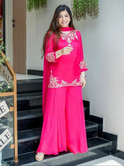 Hot Pink Chanderi Handwork Sharara Palazzo Suit Set - BONYHUBSALWAR KAMEEZ