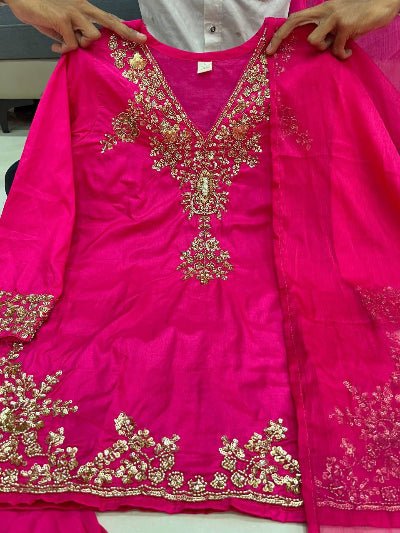 Hot Pink Chanderi Handwork Sharara Palazzo Suit Set - BONYHUBSALWAR KAMEEZ