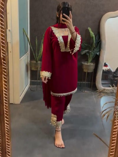 Maroon Georgette Lace Work Full Sleeves Suit - BONYHUBSALWAR KAMEEZ
